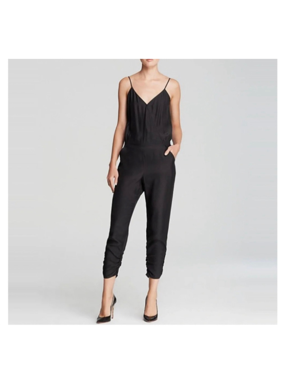 Parker Jumpsuit V Neck Ruched Hem Size XS 100% Silk Black One Piece Jumpsuit - Picture 1 of 9